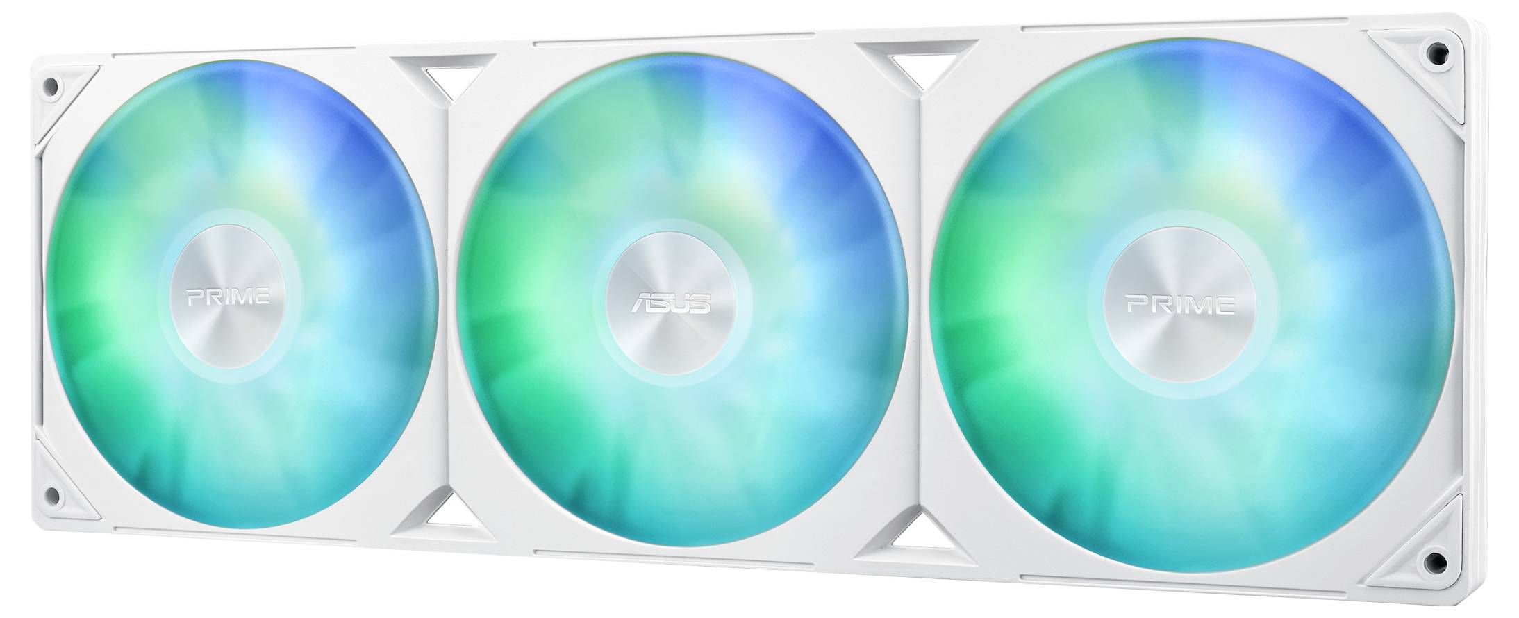 Drei PC-Lüfter in weißem Gehäuse mit bunten, leuchtenden LEDs in Blau- und Grüntönen.