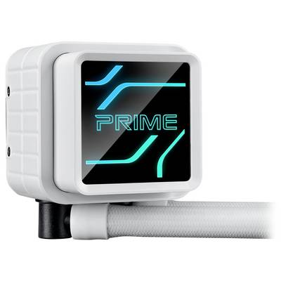 Weiße LED-Anzeige mit blauen Linien und dem Schriftzug 'PRIME', montiert auf einem weißen Gehäuse mit einem angeschlossenen Kabel.