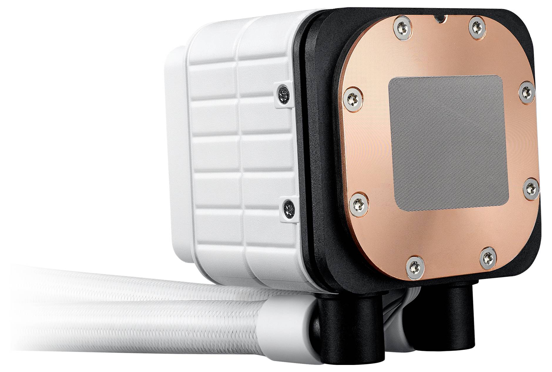 Kühlerpumpe mit Kupferbodenplatte und weißen Schläuchen, verwendet zur Wärmeableitung in Computern.