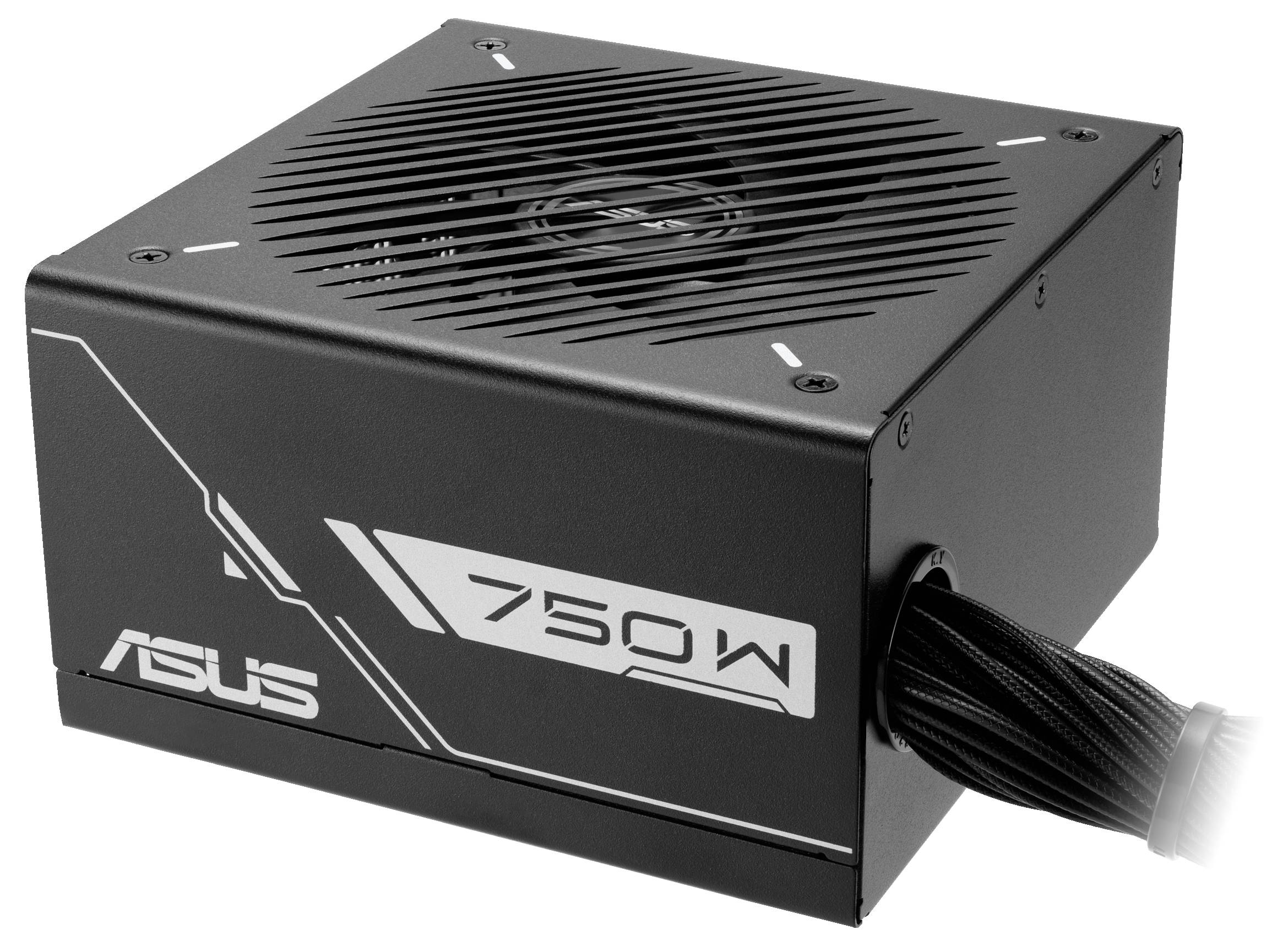 'Schattenreiche Ansicht eines schwarzen ASUS 750W Netzteils mit Lüfter und Kabelbündel an der Seite, geeignet für Computer.'