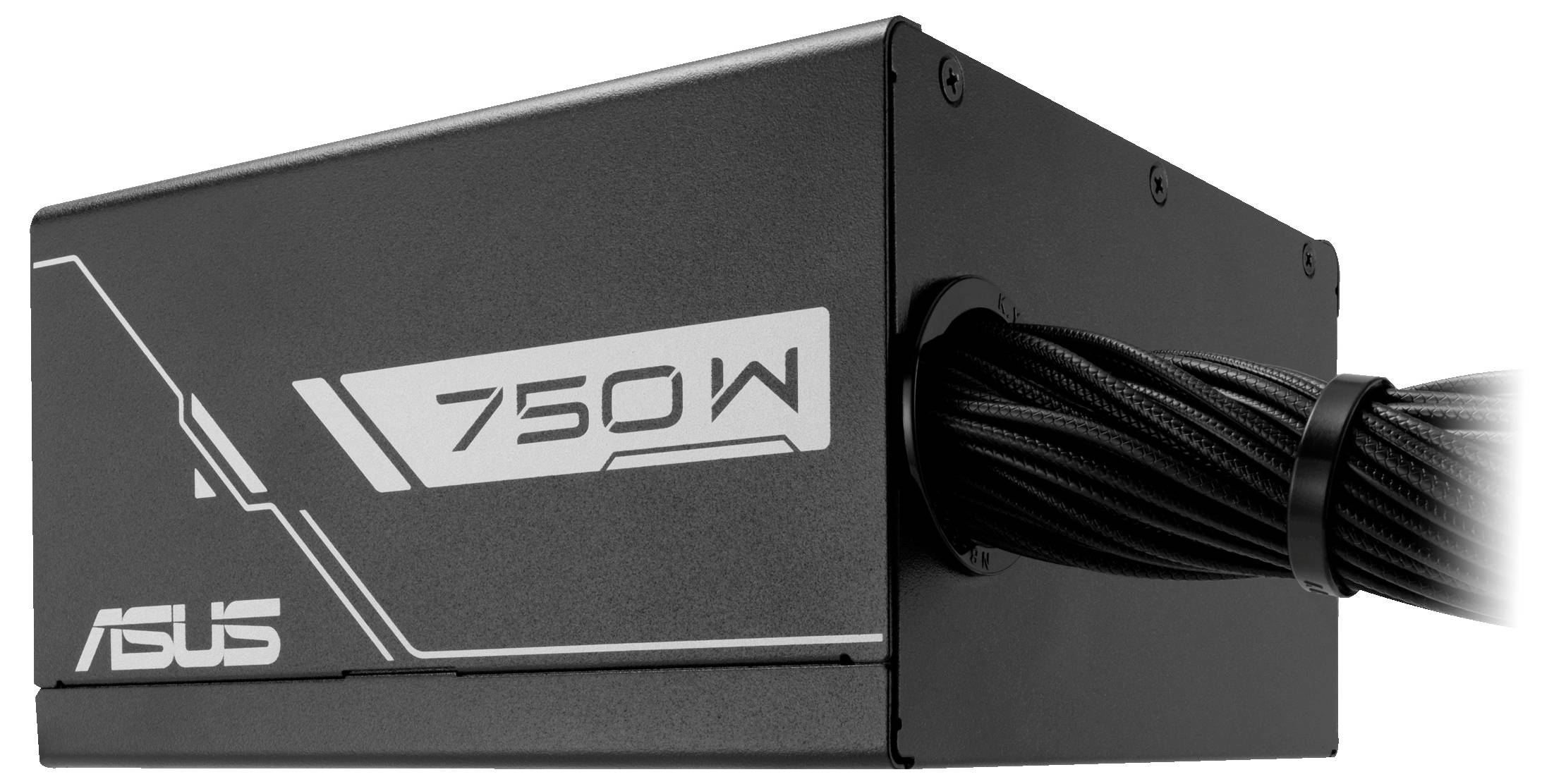 Schwarzes Asus-Netzteil mit der Aufschrift '750W', schwarze Kabel gebündelt auf der rechten Seite.