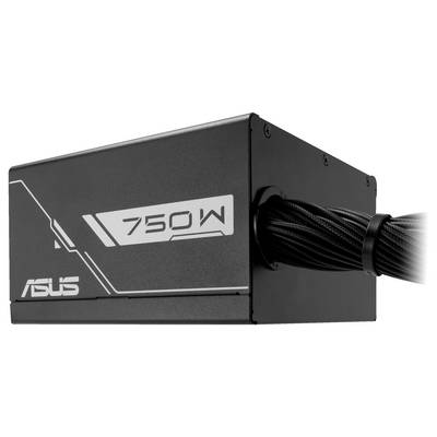 Schwarzes Asus-Netzteil mit der Aufschrift '750W', schwarze Kabel gebündelt auf der rechten Seite.