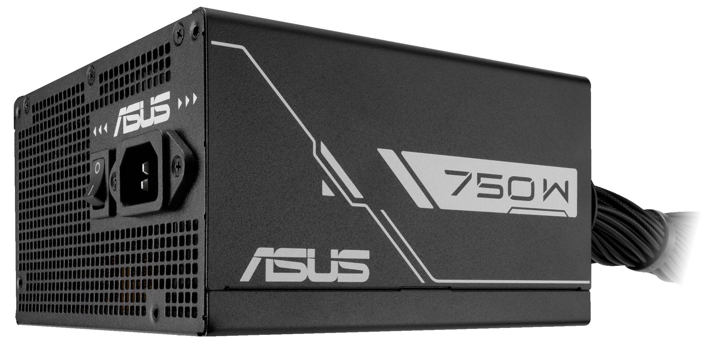 Schwarzes ASUS Netzteil mit 750 Watt Leistung. Auf der Seite steht '750W'. Es hat einen Lüftergitter und Kabelanschlüsse.