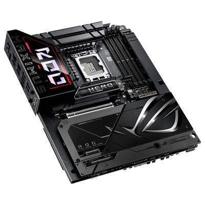 Ein ROG Maximus Hero Mainboard mit schwarz-grauem Design und RGB-Beleuchtung, geeignet für leistungsstarke PC-Builds.