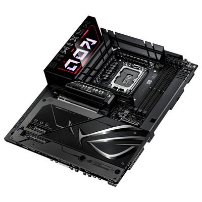 Ein schwarzes Motherboard mit leuchtendem Schriftzug 'ROG Maximus', zeigt verschiedene Anschlüsse und einen LGA-Sockel für CPUs.