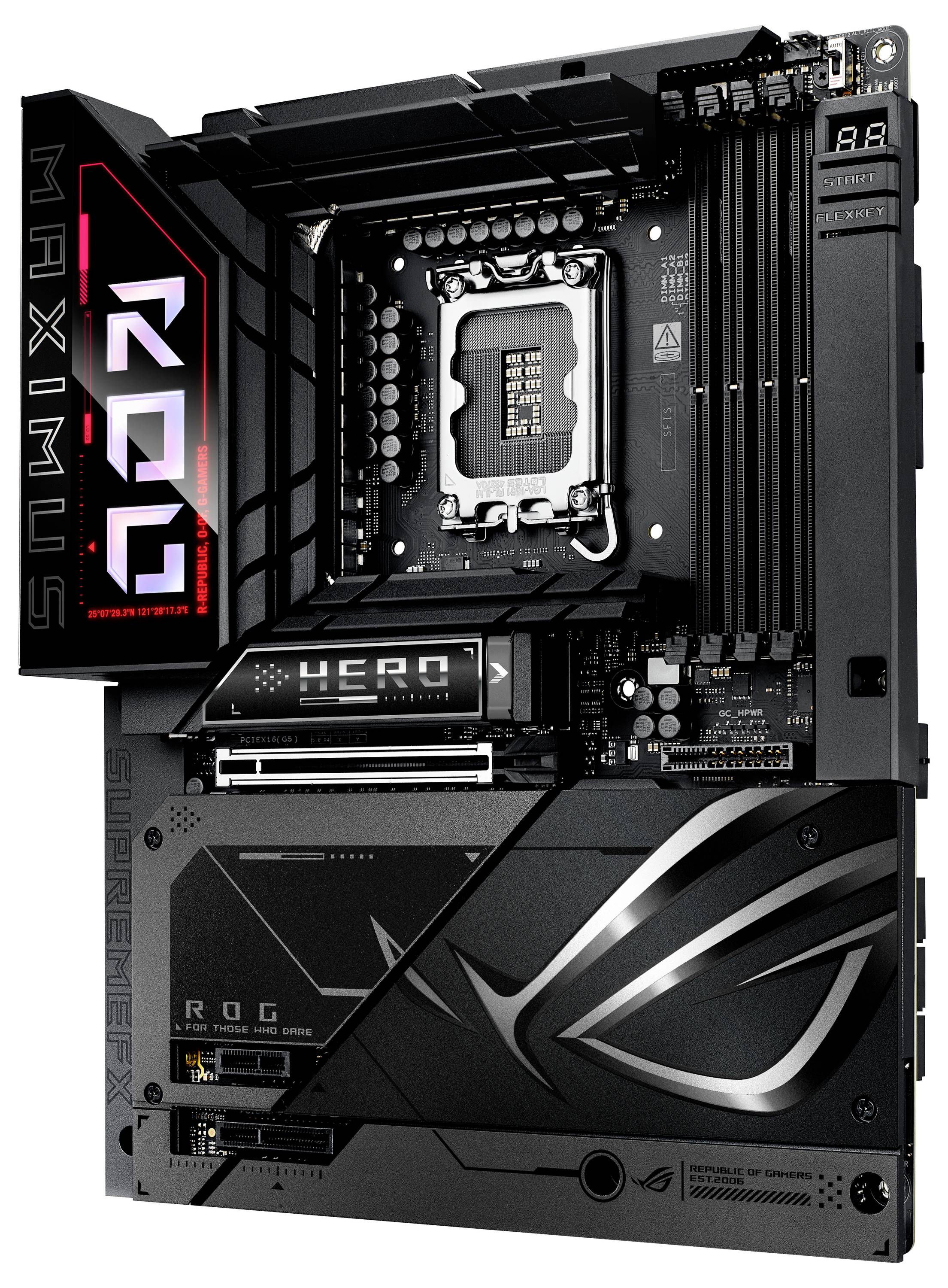 Motherboard mit schwarzem Design, vertikalen Kühlkörpern und integrierter LED-Anzeige für 'ROG'. Unterstützt Intel-Prozessoren.