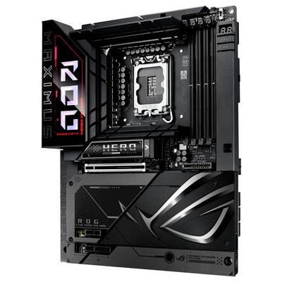 Motherboard mit schwarzem Design, vertikalen Kühlkörpern und integrierter LED-Anzeige für 'ROG'. Unterstützt Intel-Prozessoren.
