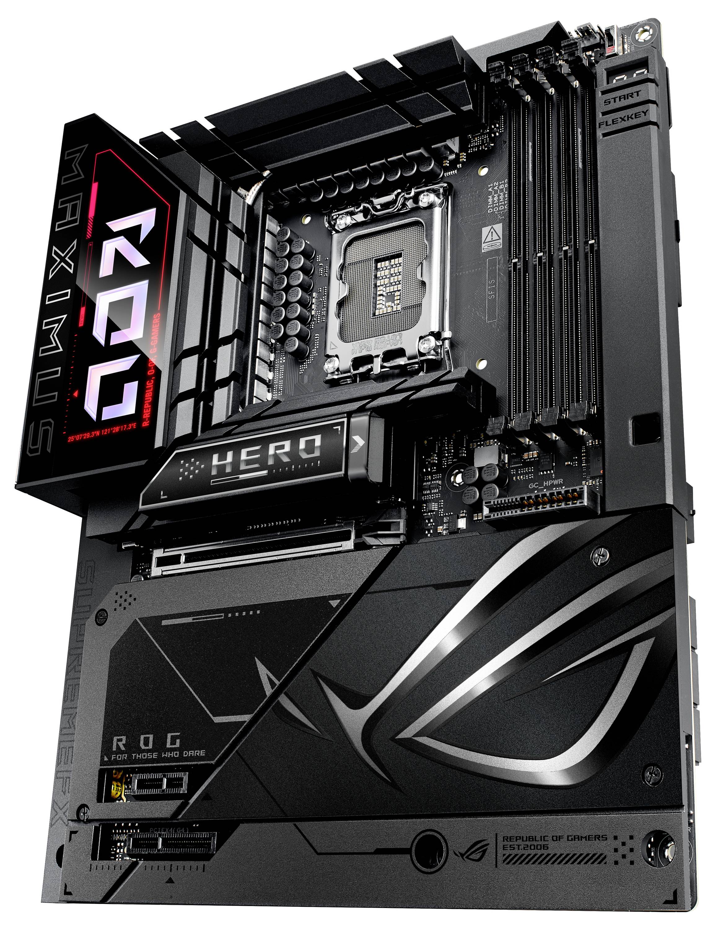 Schwarzes Motherboard mit dem Namen 'ROG Maximus XII Hero', RGB-Beleuchtung und mehreren Steckplätzen für Komponenten und Anschlüsse.