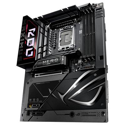 Schwarzes Motherboard mit dem Namen 'ROG Maximus XII Hero', RGB-Beleuchtung und mehreren Steckplätzen für Komponenten und Anschlüsse.