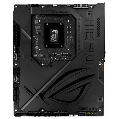 Ein schwarzes Computer-Motherboard mit dem Aufdruck 'HERO' und einem großen ROG-Logo. Mehrere Anschluss-Ports sind sichtbar.