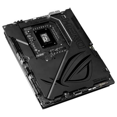 Schwarzes Computer-Motherboard mit markanten Kühlkörpern und Aufschriften 'HERO' und Logo. Enthält zahlreiche Anschlüsse und Steckplätze.