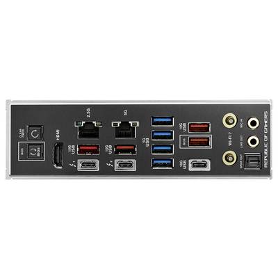 Anschlüsse auf einer PC-Rückseite: HDMI, USB-C, USB 3.0, Audio, Ethernet und WLAN-Anschlüsse mit der Aufschrift 'REPUBLIC OF GAMERS'.