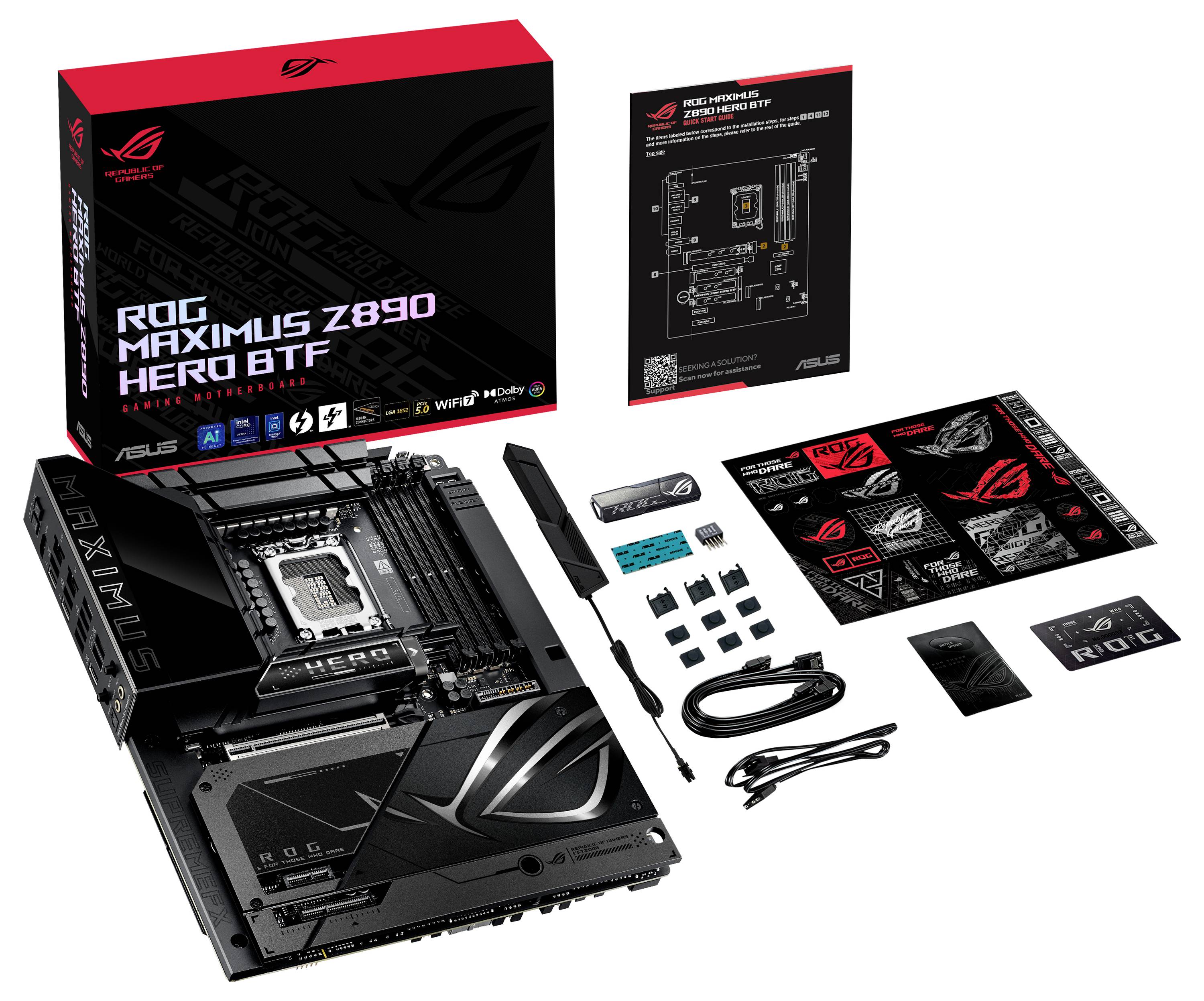 'ASUS ROG Maximus Z690 Hero BTF Mainboard mit Zubehör auf weißem Hintergrund.'