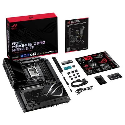 'ASUS ROG Maximus Z690 Hero BTF Mainboard mit Zubehör auf weißem Hintergrund.'