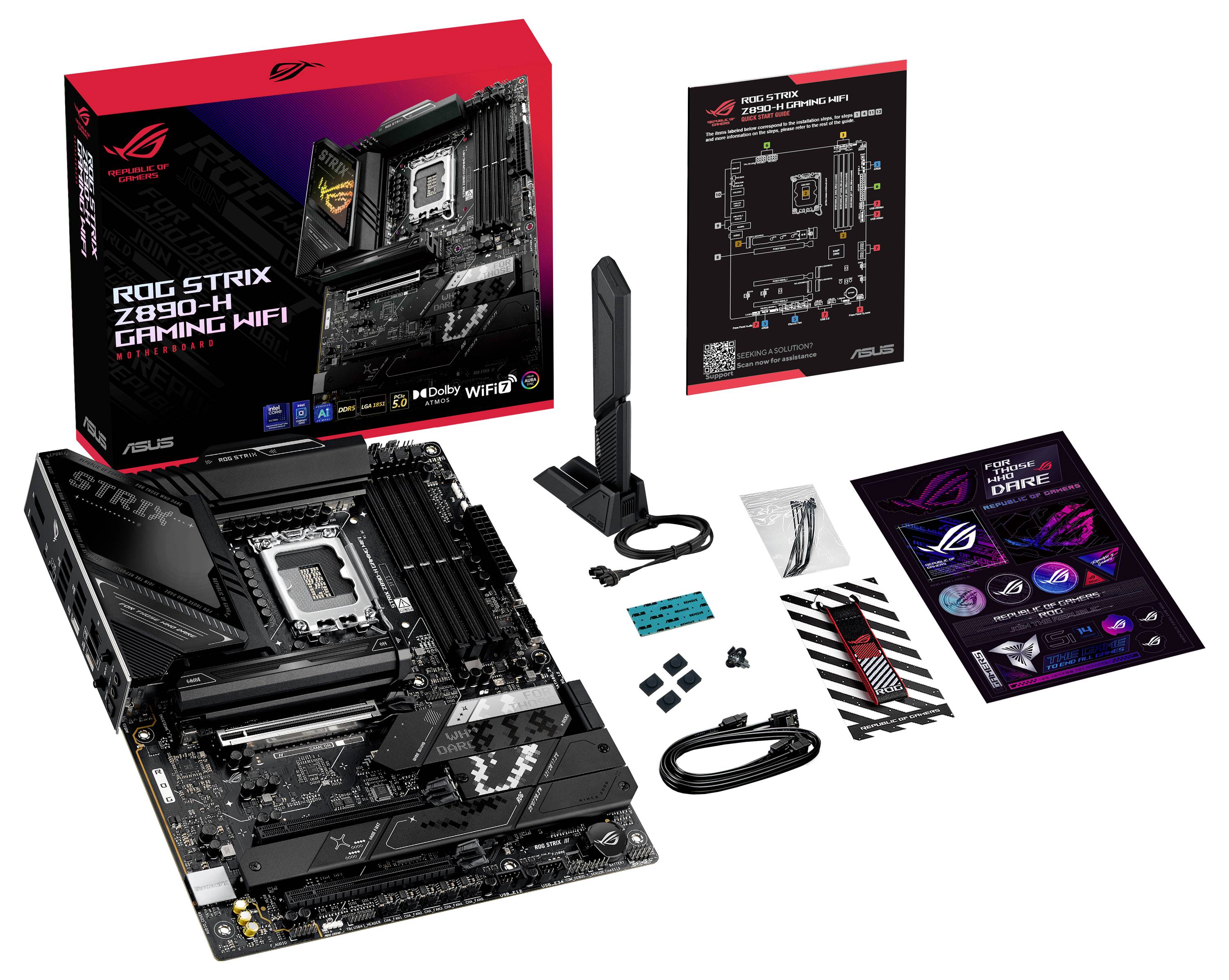 Mainboard 'ROG STRIX Z690-H GAMING WIFI' mit Verpackung, Antenne, Kabeln und Anleitung auf einem Tisch angeordnet.