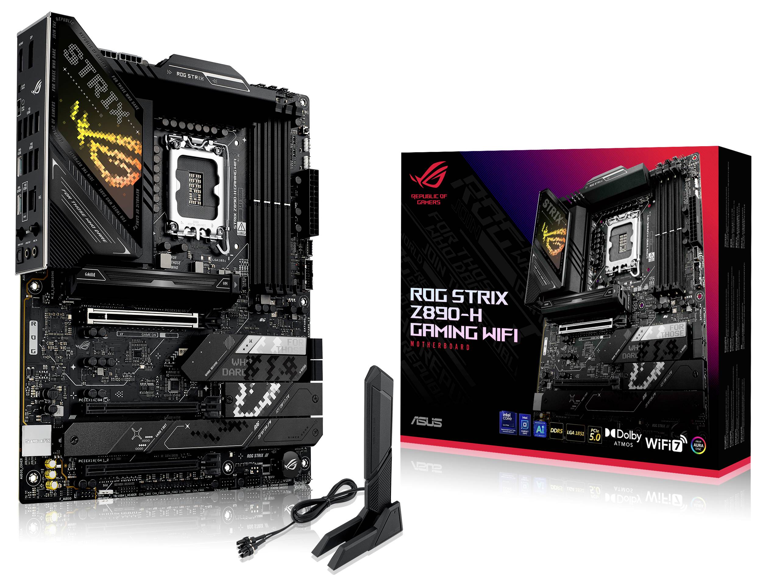Computer-Mainboard mit Verpackung. Bezeichnung: 'ROG STRIX Z690-H GAMING WIFI'. Zubehör: Wifi-Antenne und Kabel.