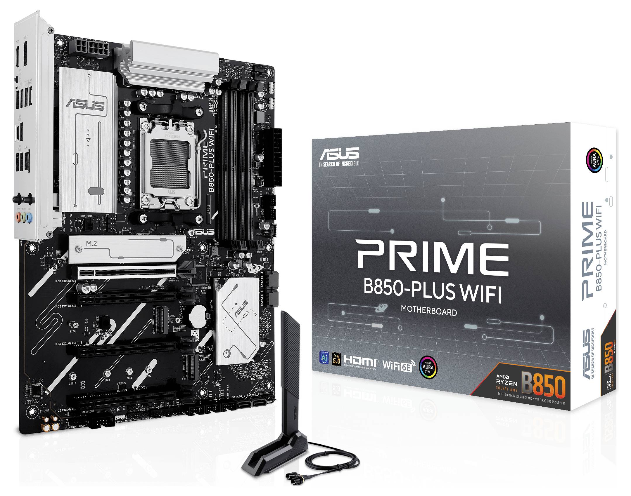 Motherboard Asus Prime B850-Plus WiFi abgebildet, mit Verpackung und Antenne. Enthält HDMI, DisplayPort, USB-C und RGB-Beleuchtung.