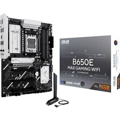 'ASUS B650E Max Gaming WiFi' Motherboard mit Verpackung und Antenne. Unterstützt AMD Ryzen Prozessoren, WIFI 6E und HDMI.