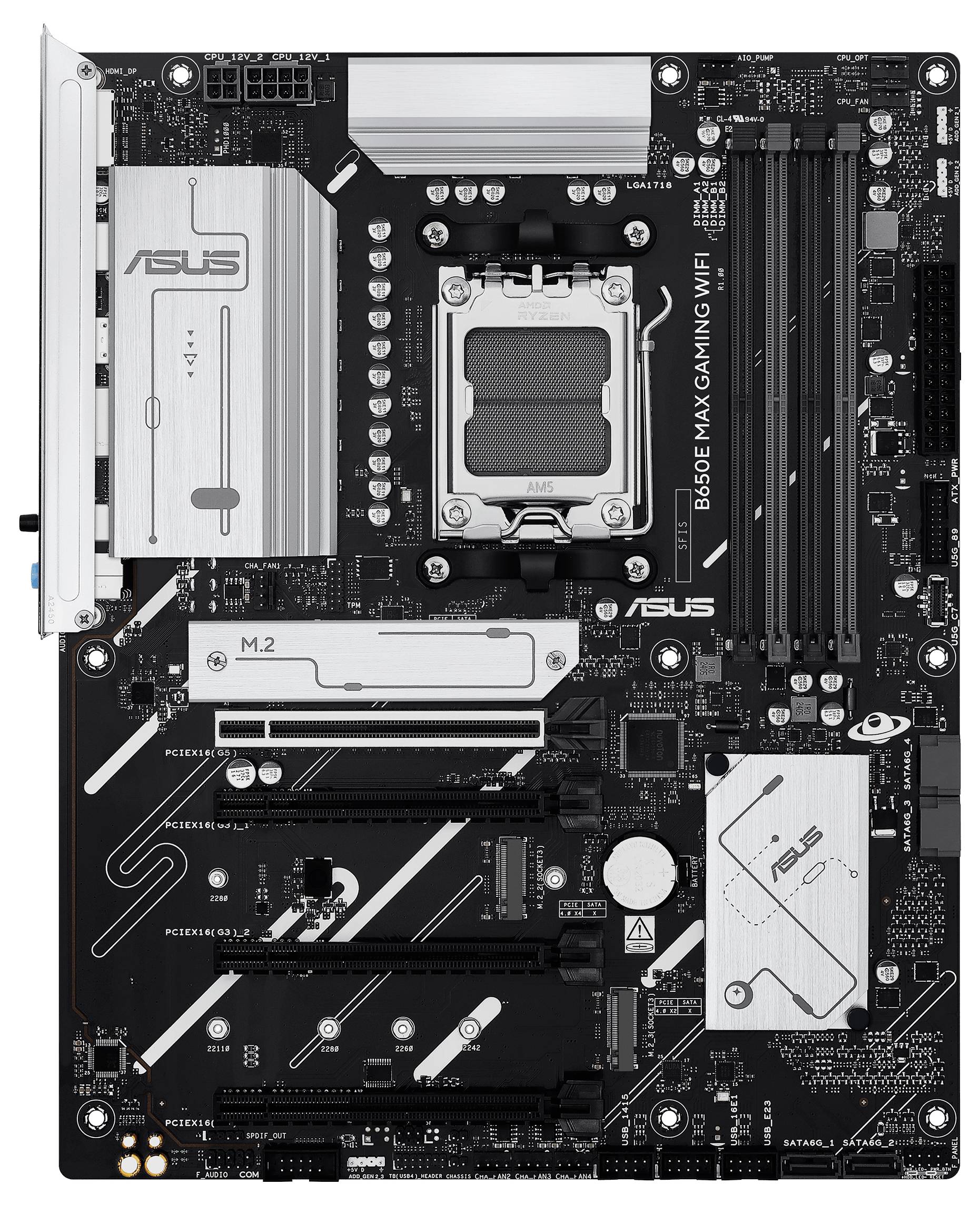 'ASUS B560-F Mainboard mit zahlreichen Anschlussmöglichkeiten, darunter PCIe-Slots und M.2-Steckplätze, für Gaming-PCs geeignet.'