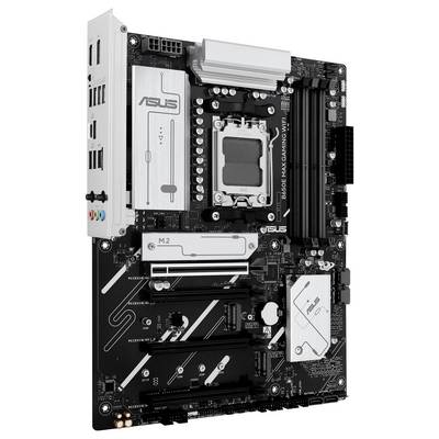 Eine schwarze Hauptplatine mit zahlreichen Anschlüssen und Steckplätzen, darunter ein CPU-Sockel, RAM-Steckplätze und verschiedene Schnittstellen.