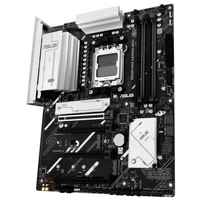 Eine Computer-Motherboard mit mehreren Steckplätzen, Anschlüssen und Markenkennzeichnungen. Geeignet für technische Hardware-Setups.