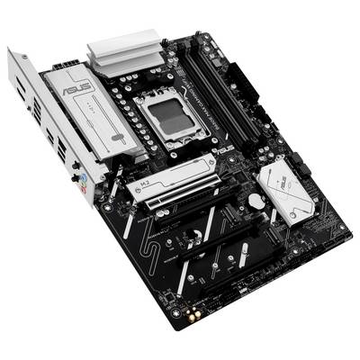 Eine schwarze Computer-Mainboard mit verschiedenen Steckplätzen, Anschlüssen und Kühlkörpern, gestaltet für leistungsstarke Prozessoren.