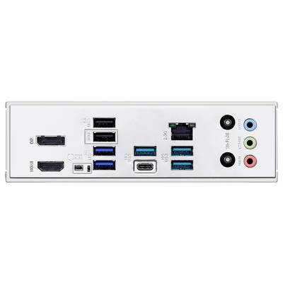 Rückseite eines Computer-Motherboards mit Anschlüssen: DP, HDMI, zahlreiche USB-Ports, Ethernet sowie Audio-Ein- und Ausgänge.