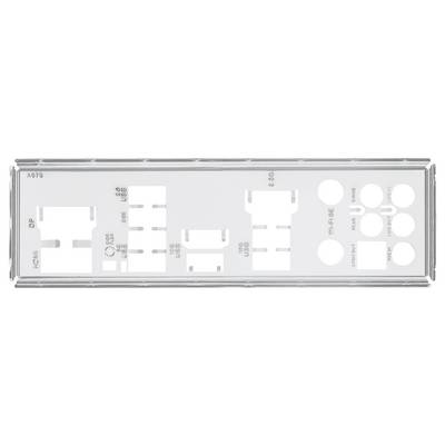 Abdeckung eines Computer-Mainboards mit verschiedenen Aussparungen für Anschlüsse wie USB, Audio und DisplayPort, beschriftet zur Identifizierung.