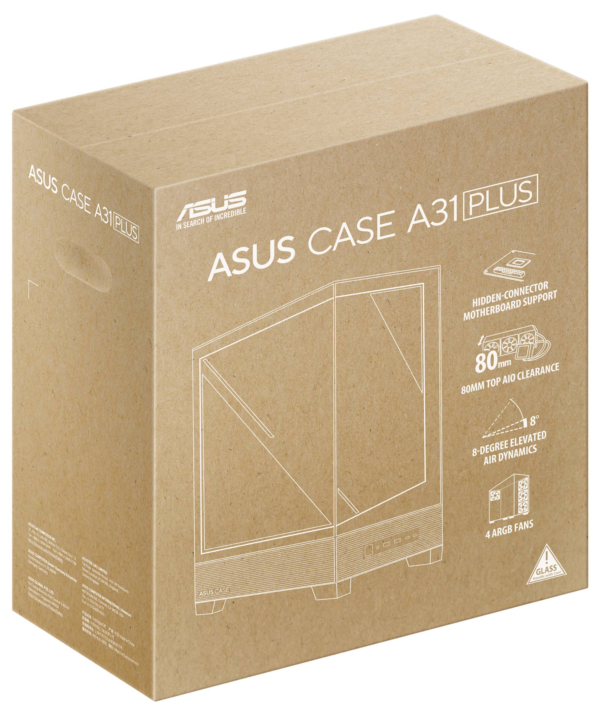 'Verpackung des ASUS Case A31 Plus, zeigt skizziertes Computergehäuse mit Hauptmerkmalen: versteckter Anschluss, 80 mm Freiraum, 4 Lüfter.'