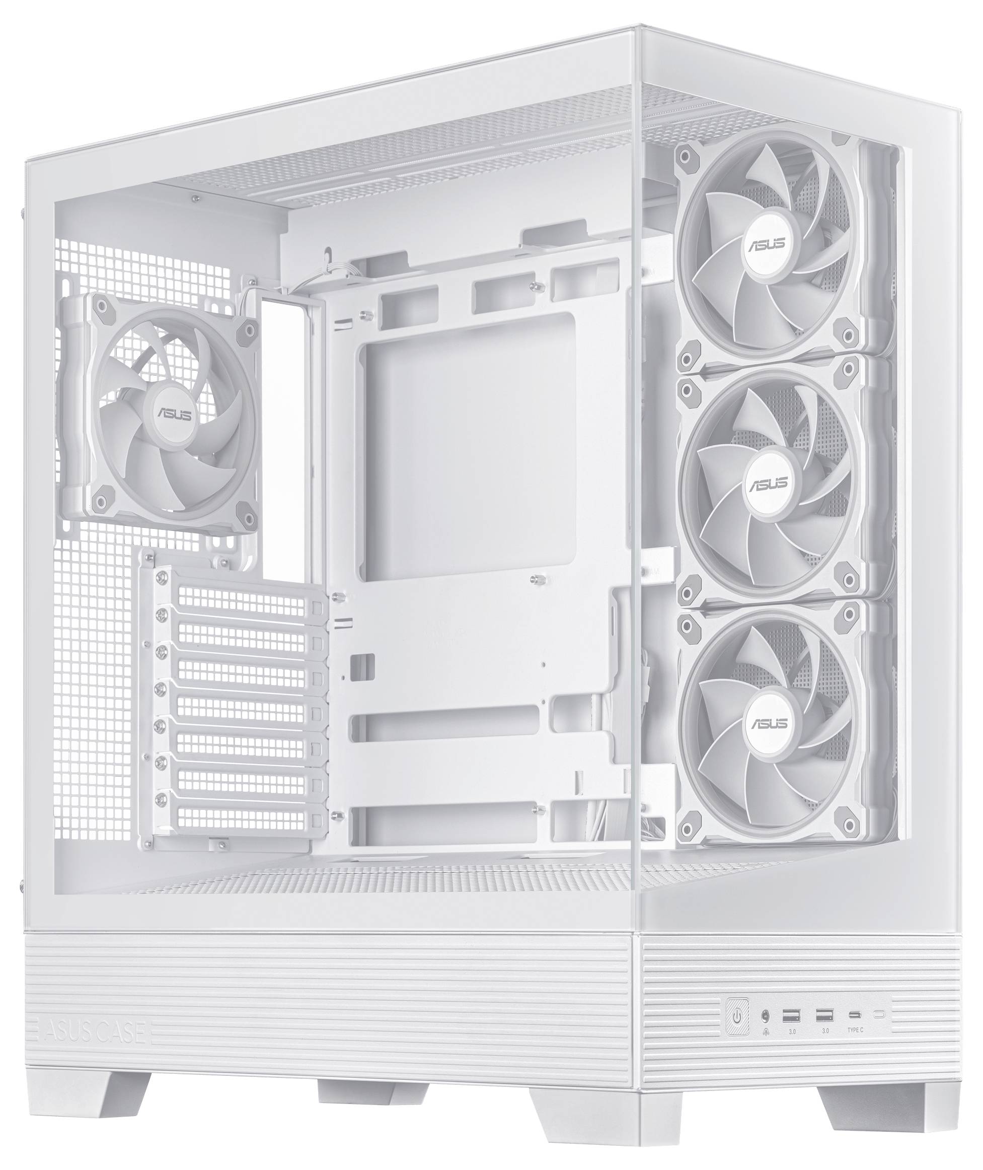 Ein weißes Computergehäuse mit transparentem Seitenteil, vier Lüftern und mehreren Anschlüssen an der Frontseite.