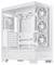 Ein weißes Computergehäuse mit transparentem Seitenteil, vier Lüftern und mehreren Anschlüssen an der Frontseite.