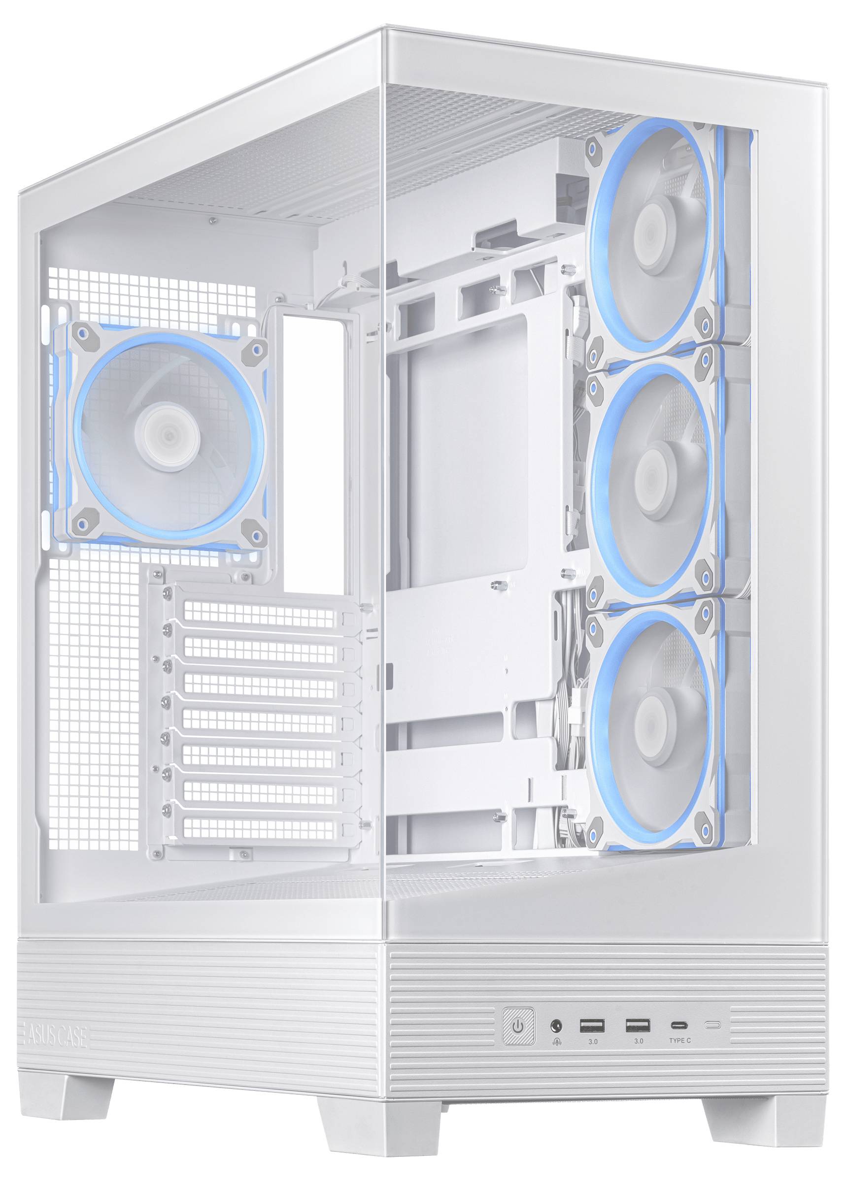 Ein weißes PC-Gehäuse mit seitlichem Glaspanel zeigt innenliegende Lüfter mit blauer LED-Beleuchtung.
