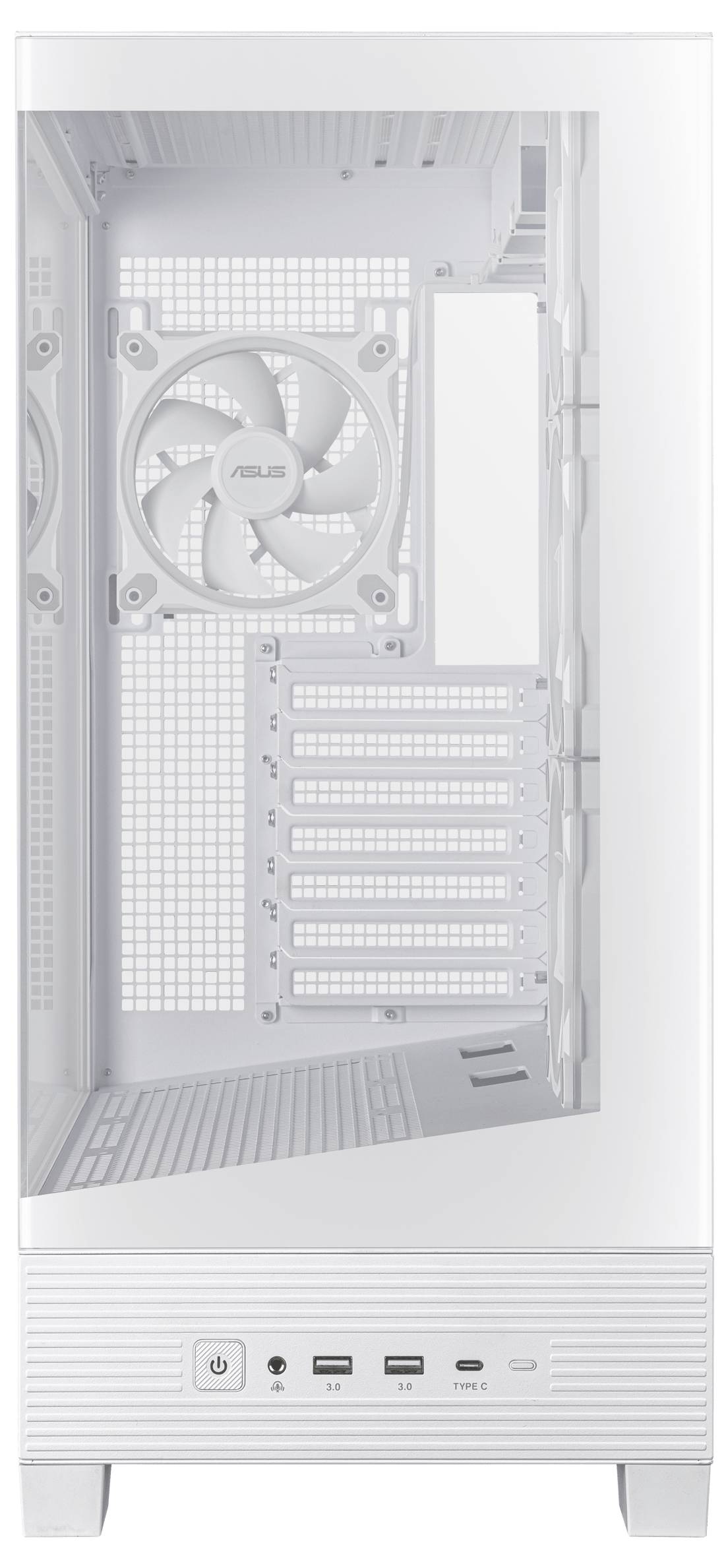 Ein weißes Computergehäuse mit transparentem Fenster. Sichtbar sind Lüfter und Steckplätze für Erweiterungskarten. Vorderseite zeigt Anschlüsse.