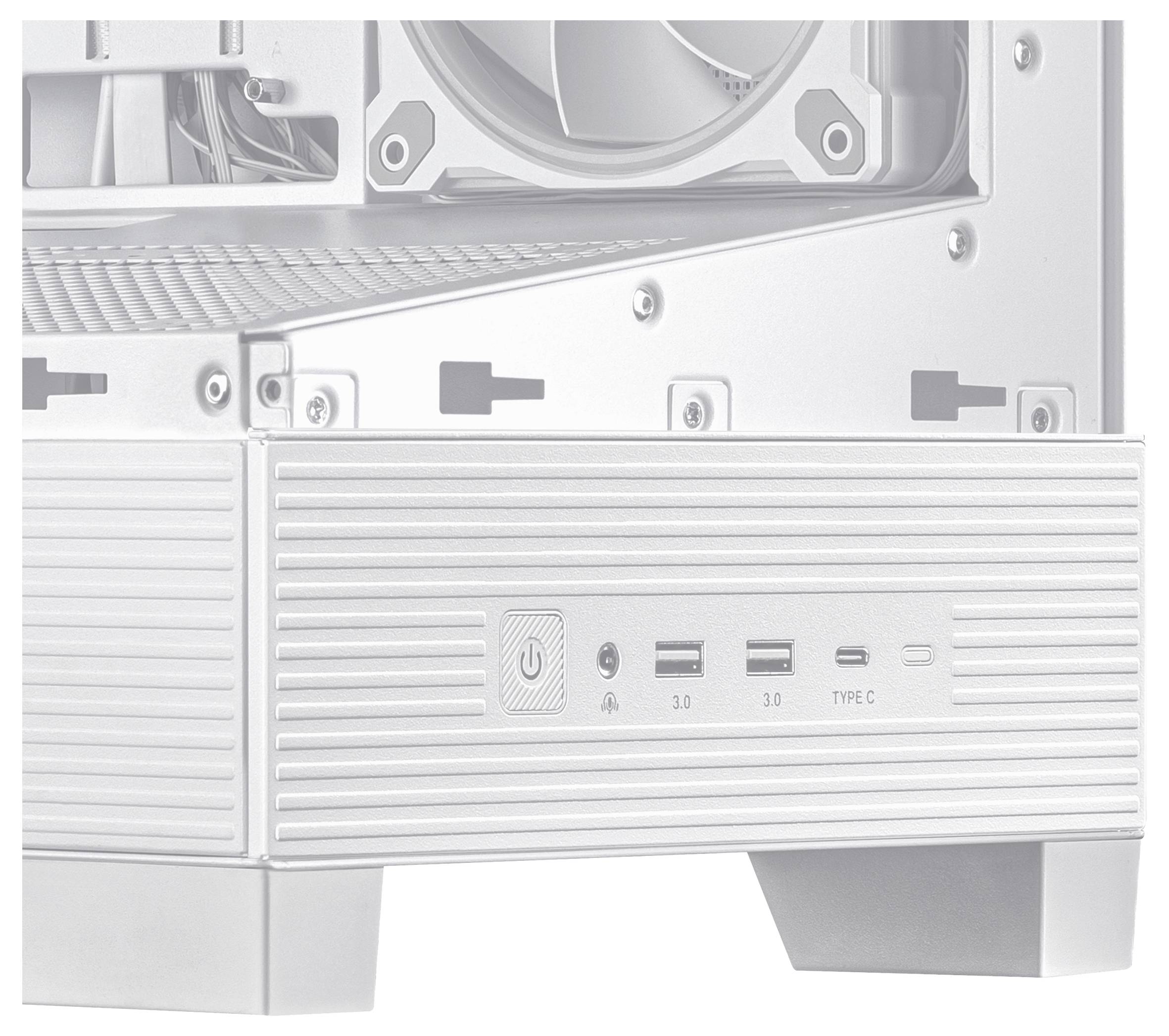 Teil eines Computergehäuses mit USB-Anschlüssen, einem Netzschalter und Lüftungsöffnungen. Hochwertiges Design sichtbar.