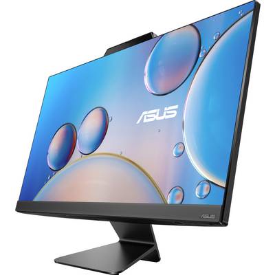 Ein moderner ASUS-Computerbildschirm mit schmalem Rahmen zeigt ein helles Hintergrundbild mit farbigen Seifenblasen.