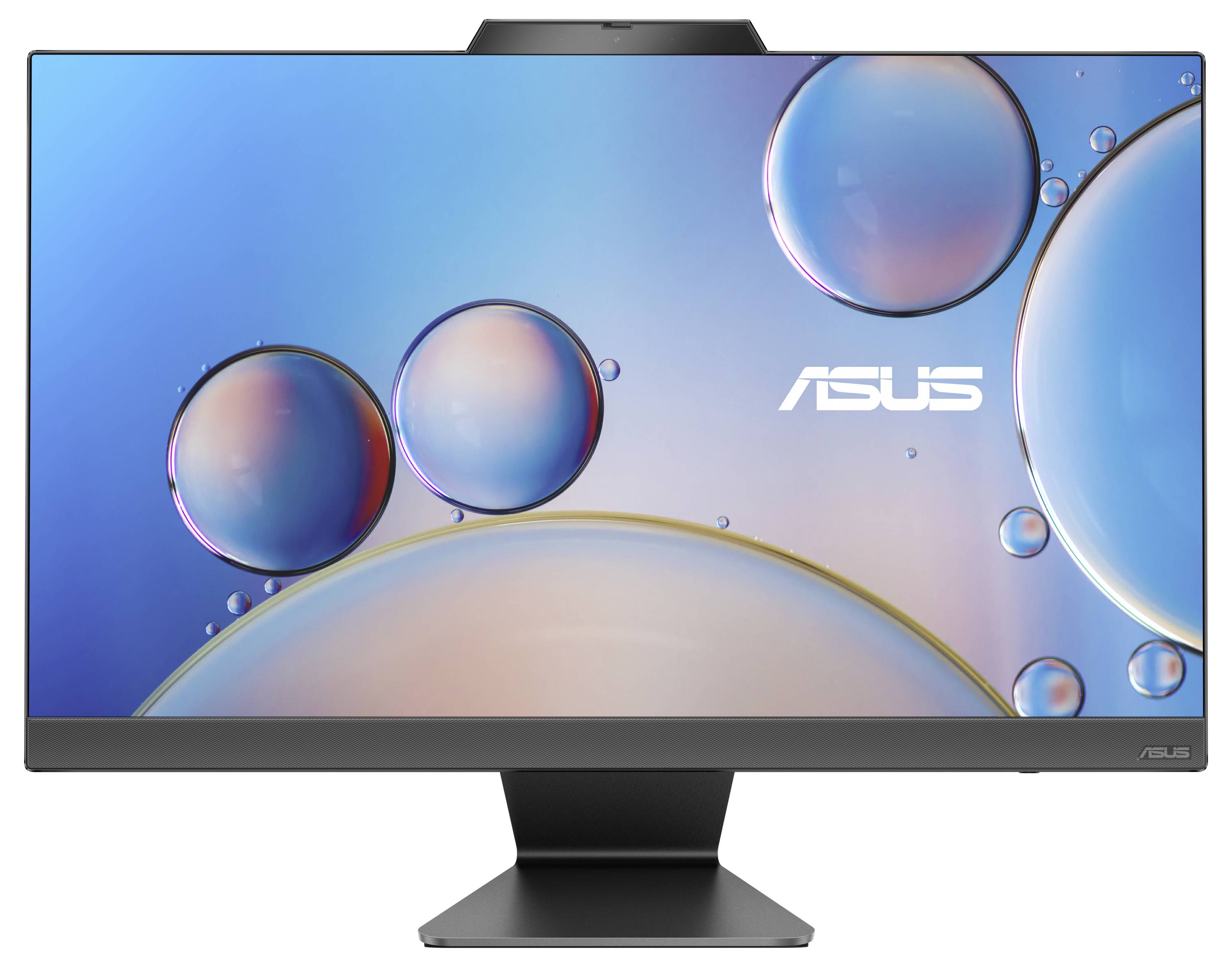 Ein Computerbildschirm mit Asus-Logo, darauf eine Hintergrundgrafik mit blauen und rosa Kugeln auf blauem Hintergrund.