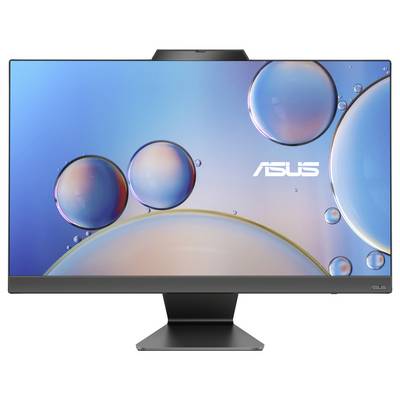 Ein Computerbildschirm mit Asus-Logo, darauf eine Hintergrundgrafik mit blauen und rosa Kugeln auf blauem Hintergrund.
