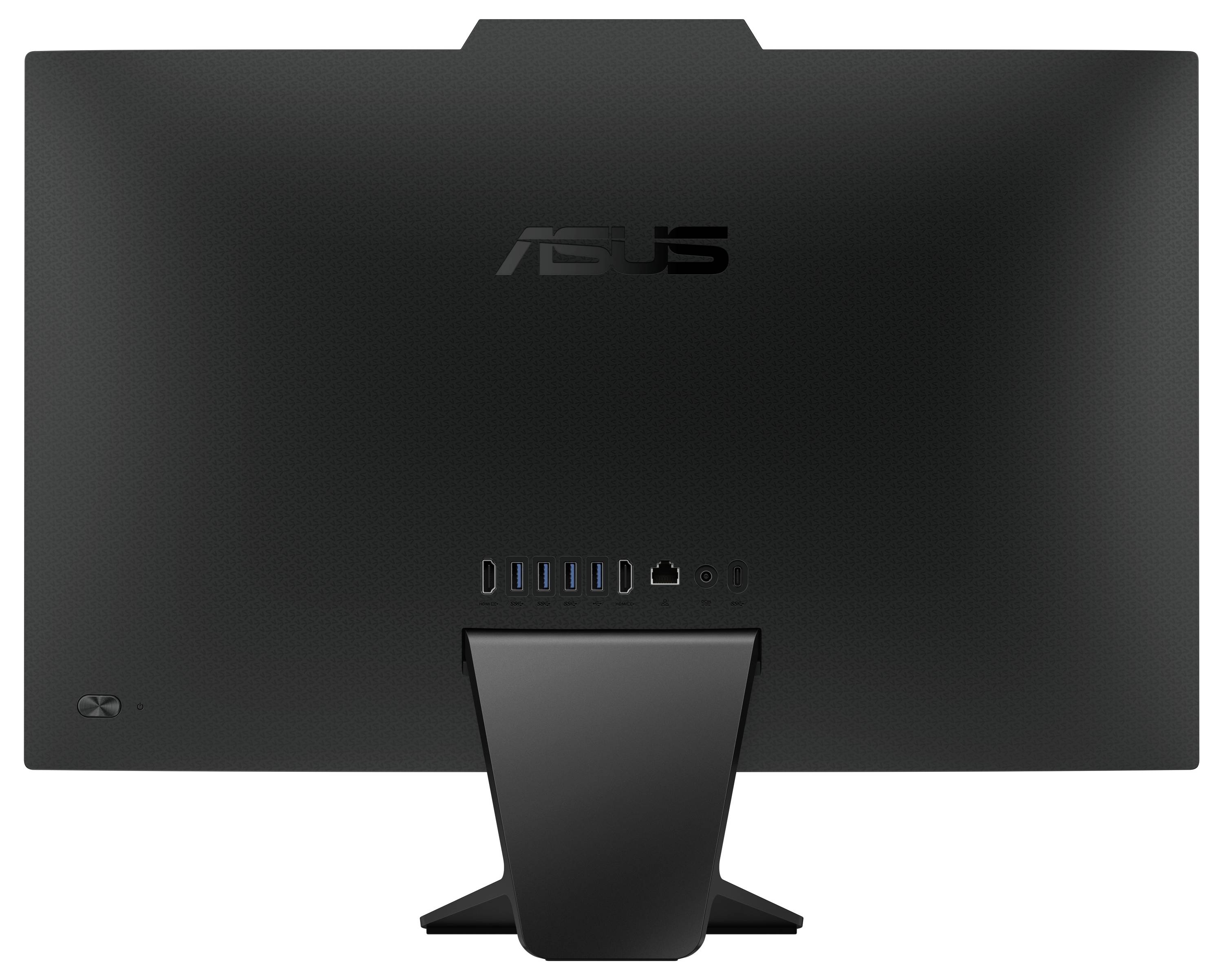 Ein schwarzer Computermonitor von Asus, Ansicht von hinten. Mehrere Anschlüsse unten sichtbar, darunter USB und HDMI.