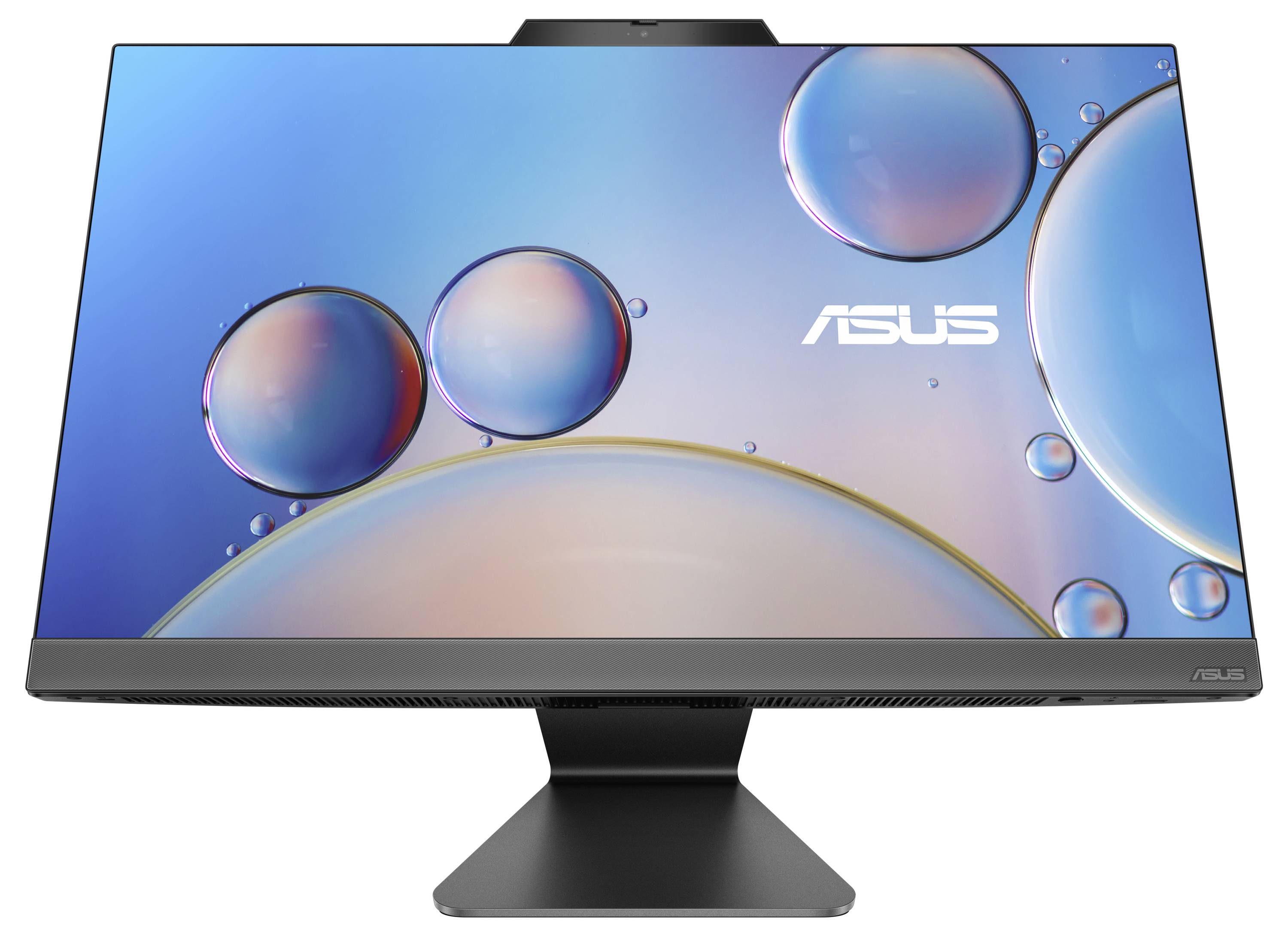 Ein Monitor mit einem blauen Hintergrund und schwebenden Seifenblasen. Das 'ASUS'-Logo ist unten rechts sichtbar.