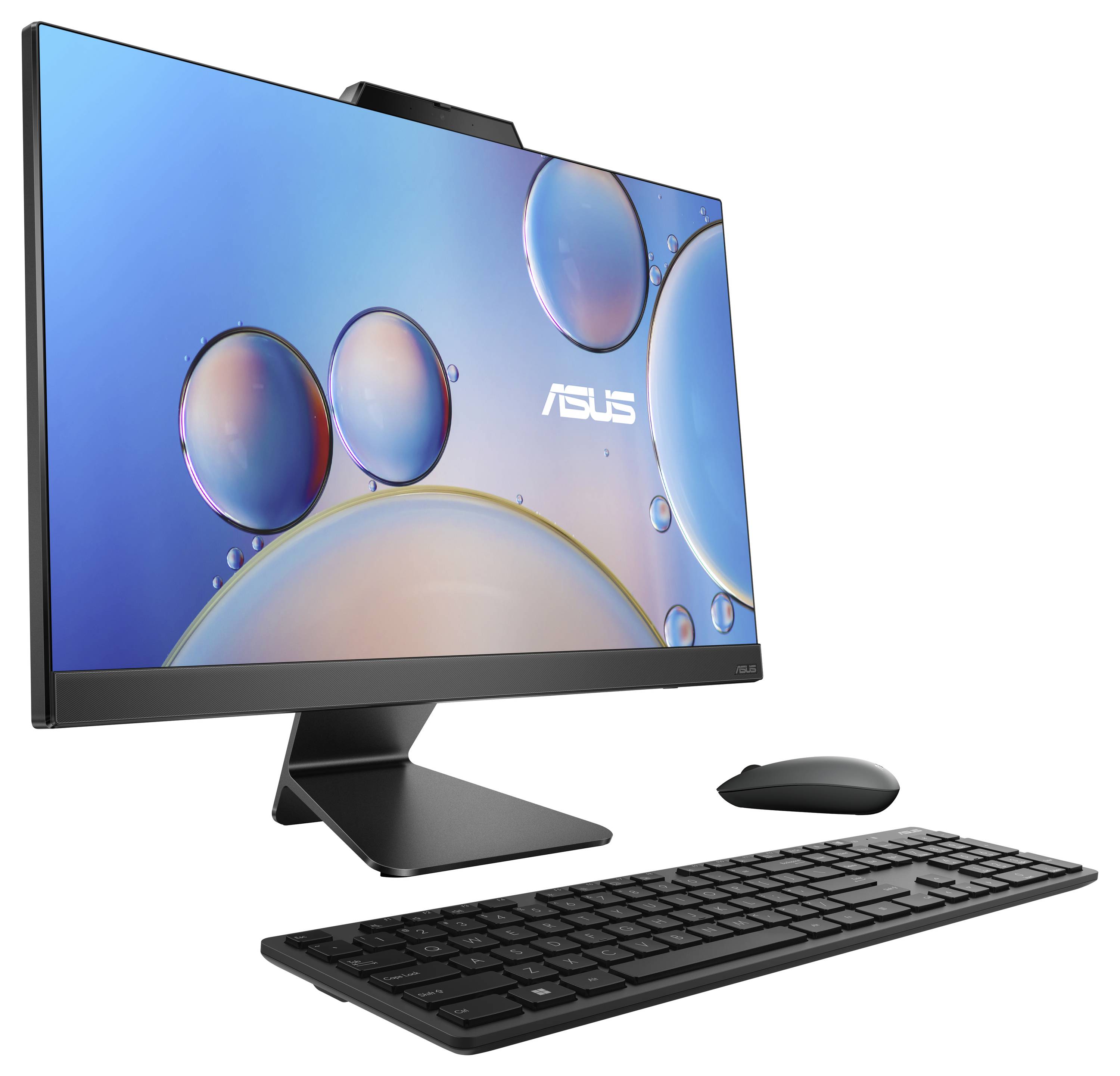 Ein All-in-One-Computer mit Bildschirm, Tastatur und Maus. Der Monitor zeigt ein Hintergrundbild mit schwebenden Seifenblasen und dem 'ASUS' Logo.