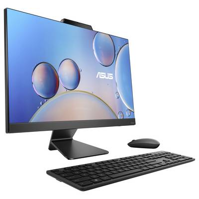 Ein All-in-One-Computer mit Bildschirm, Tastatur und Maus. Der Monitor zeigt ein Hintergrundbild mit schwebenden Seifenblasen und dem 'ASUS' Logo.