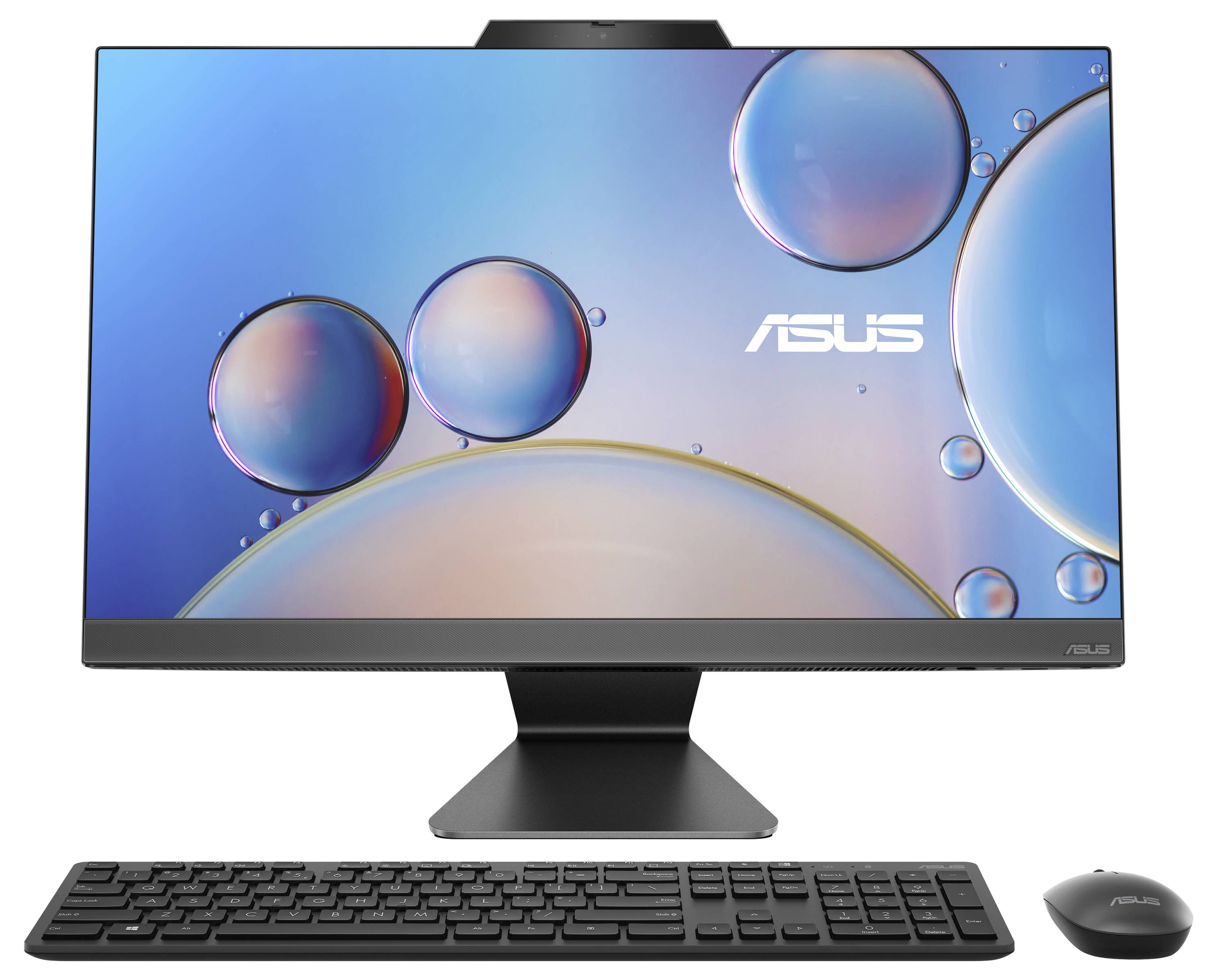 Ein All-in-One-Computer von ASUS mit Tastatur und Maus vor einem Bildschirm, der Blasen auf blauem Hintergrund anzeigt.