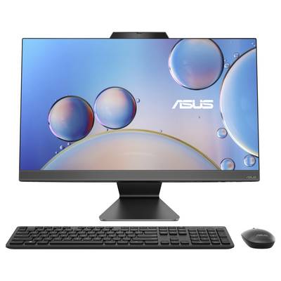 Ein All-in-One-Computer von ASUS mit Tastatur und Maus vor einem Bildschirm, der Blasen auf blauem Hintergrund anzeigt.