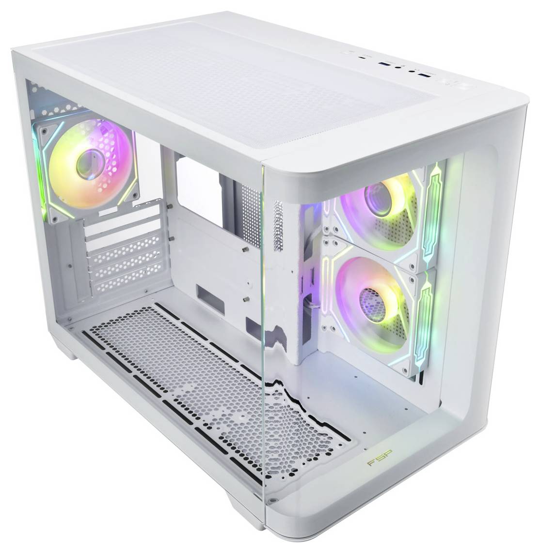 Ein weißes PC-Gehäuse mit Glasfront und drei eingebauten, mehrfarbig beleuchteten Lüftern, sichtbar von der Seite.