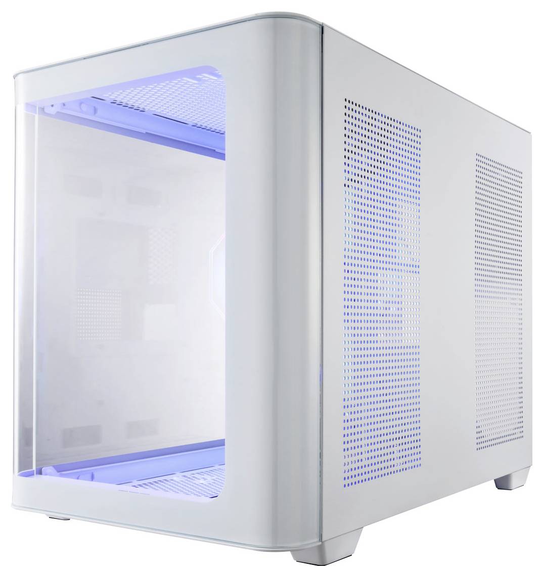 Ein weißes Computergehäuse mit durchsichtiger Seitenwand. Es zeigt blaues Licht im Inneren und hat Belüftungslöcher an der Seite.