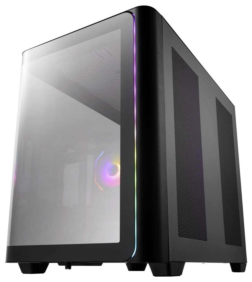Ein schwarzes Computergehäuse mit durchsichtigem Seitenteil und RGB-Beleuchtung an der Vorderkante, geeignet für Gaming-PCs.