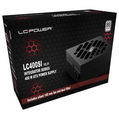Schwarze Verpackung eines ATX-Netzteils von LC-Power, Modell 'LC400SI v2.31', 400 W, mit leisem 140 mm Lüfter und Staubfilter.