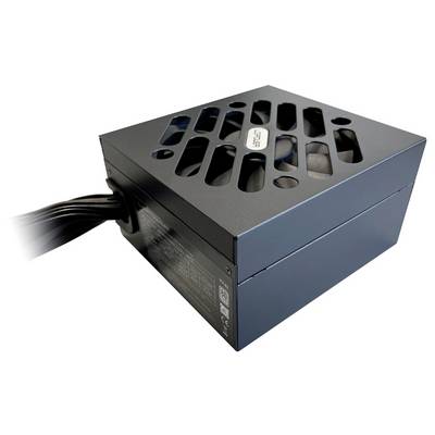 Ein schwarzes Computer-Netzteil mit Lüftungsschlitzen an der Oberseite und mehreren Kabeln, die an der Seite herausführen.