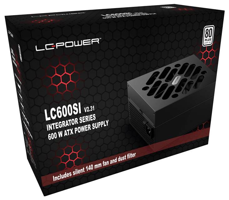 'LC600SI Integrator Series' 600W ATX-Netzteil-Box von LC Power, mit leisen 140-mm-Lüfter und Staubfilter, 80 Plus zertifiziert.