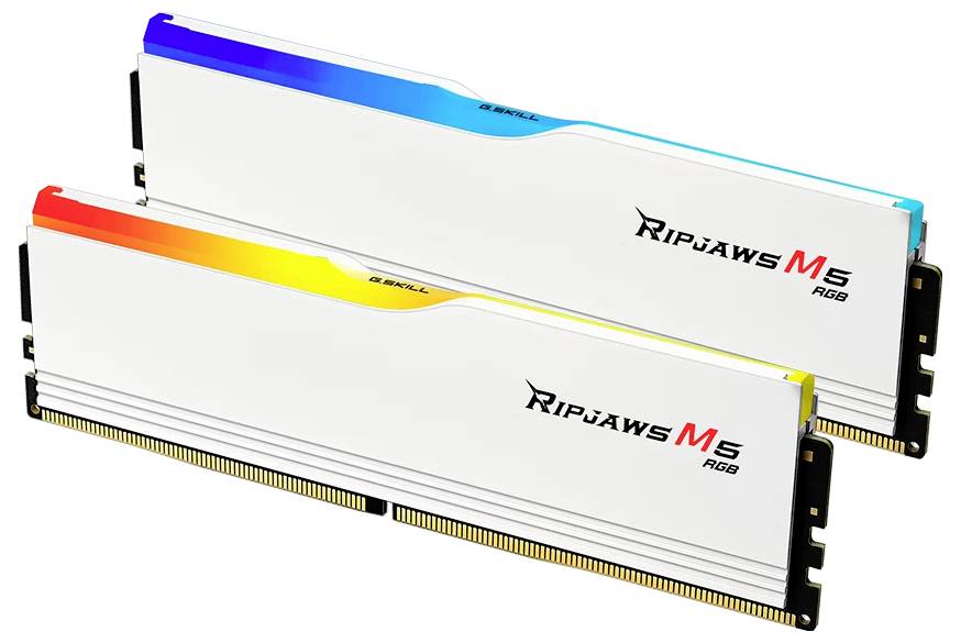 Zwei RAM-Module von G.Skill, Modell Ripjaws M5 RGB, mit farbigen Akzenten.